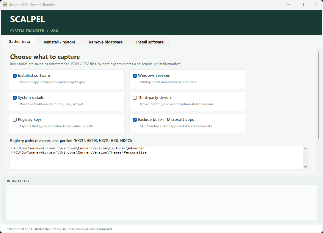 Scalpel's Gather data tab with checkboxes for installed software, Windows services, system details, third-party drivers, registry keys and the Microsoft app filter.