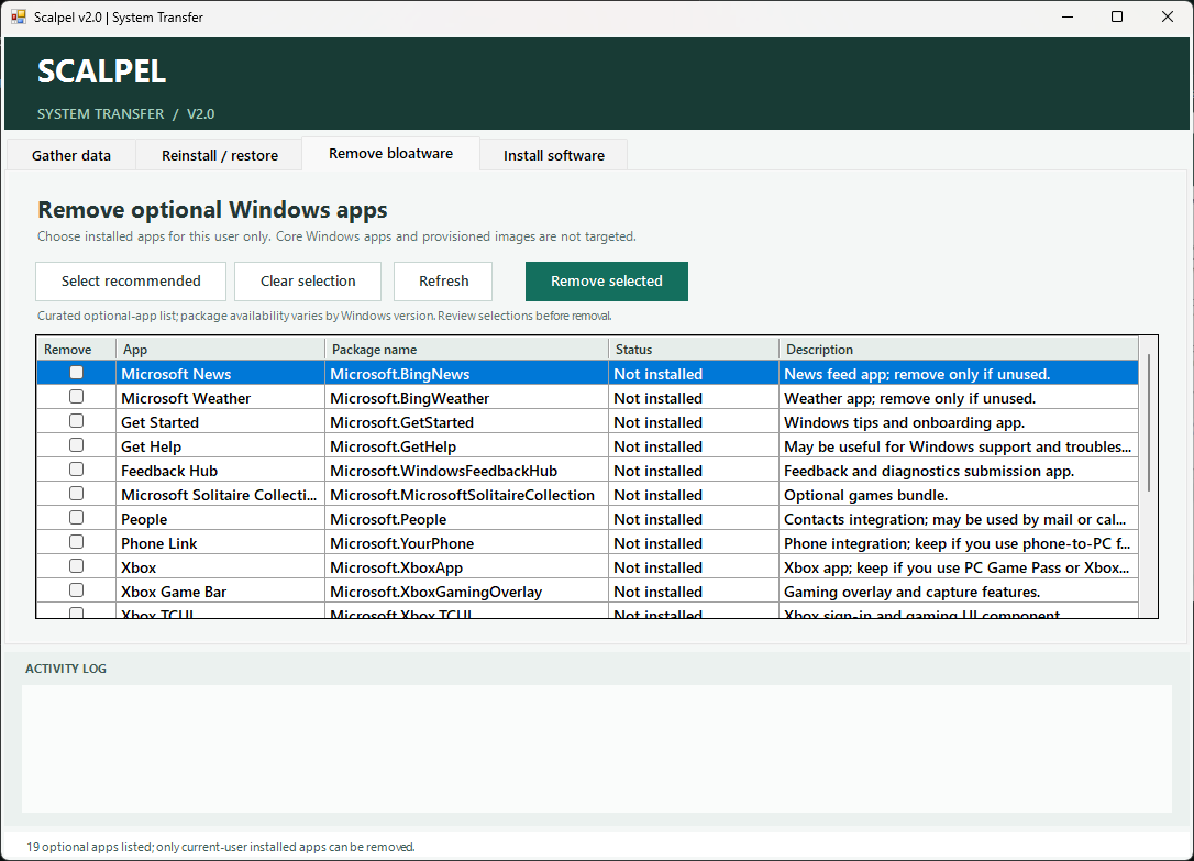 Scalpel Install software tab listing browsers such as Chrome, Firefox, Edge and Brave and messaging apps, with package IDs and the winget source.