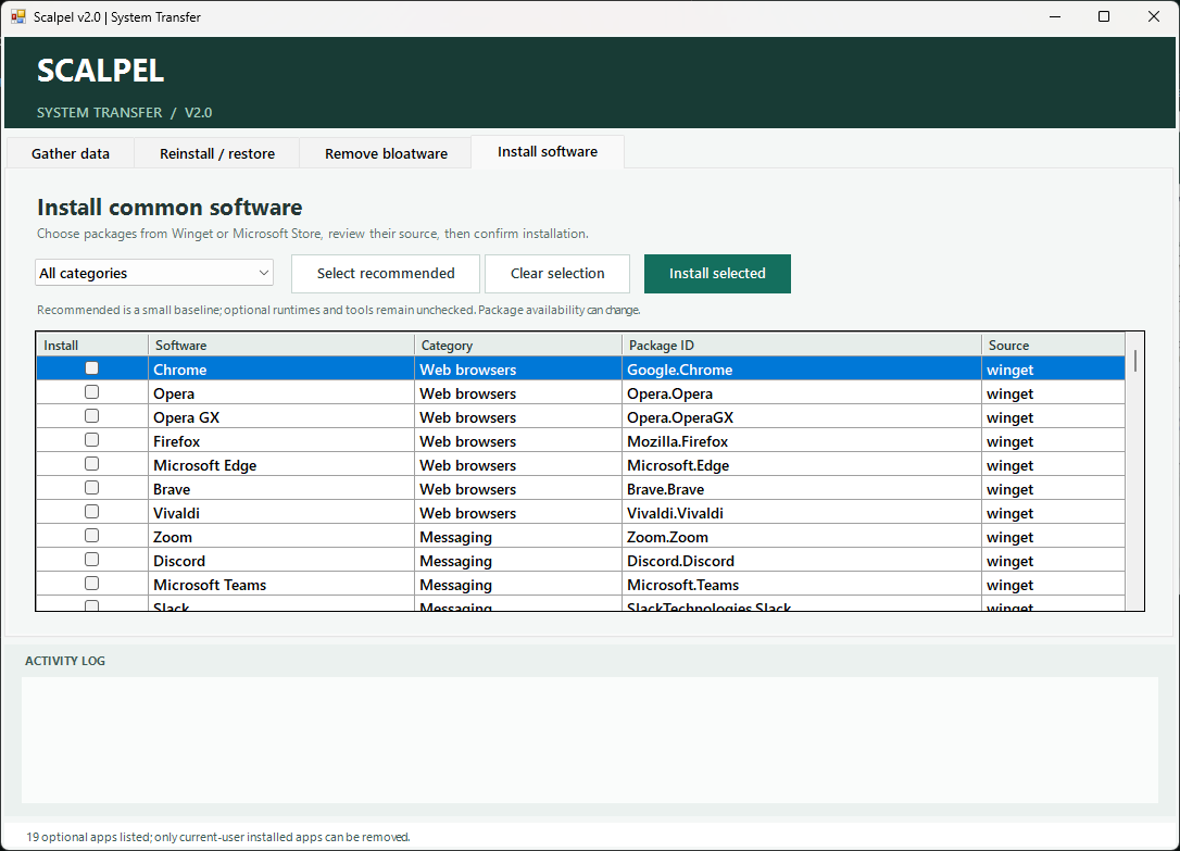 Scalpel Remove bloatware tab listing optional apps such as Microsoft News, Weather, Get Help, Feedback Hub, Phone Link and Xbox, each with an install status.