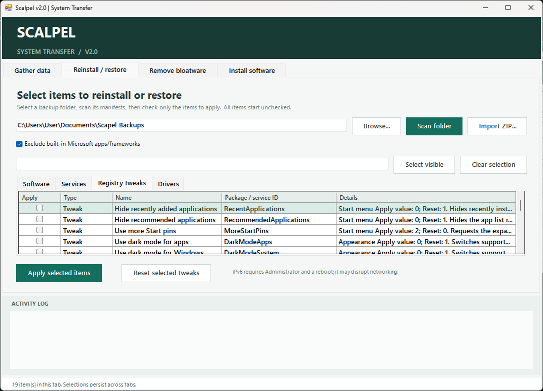Scalpel Reinstall / restore tab with a backup folder path and tabs for software, services, registry tweaks and drivers.